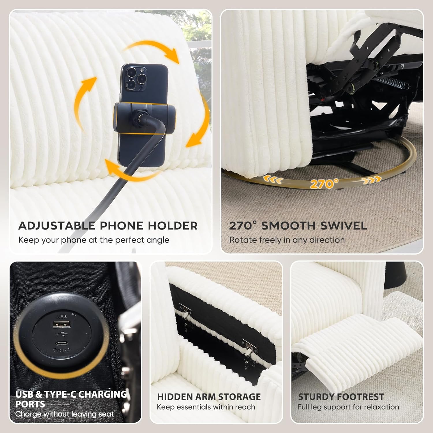 ABCASA Power Recliner Rocking Chair Nursery Glider, Swivel Reclining Nursery Rockers for Baby Room & Living Room, Corduroy Chair with Phone Holder, USB/Type-C Ports, Arm Storage, White