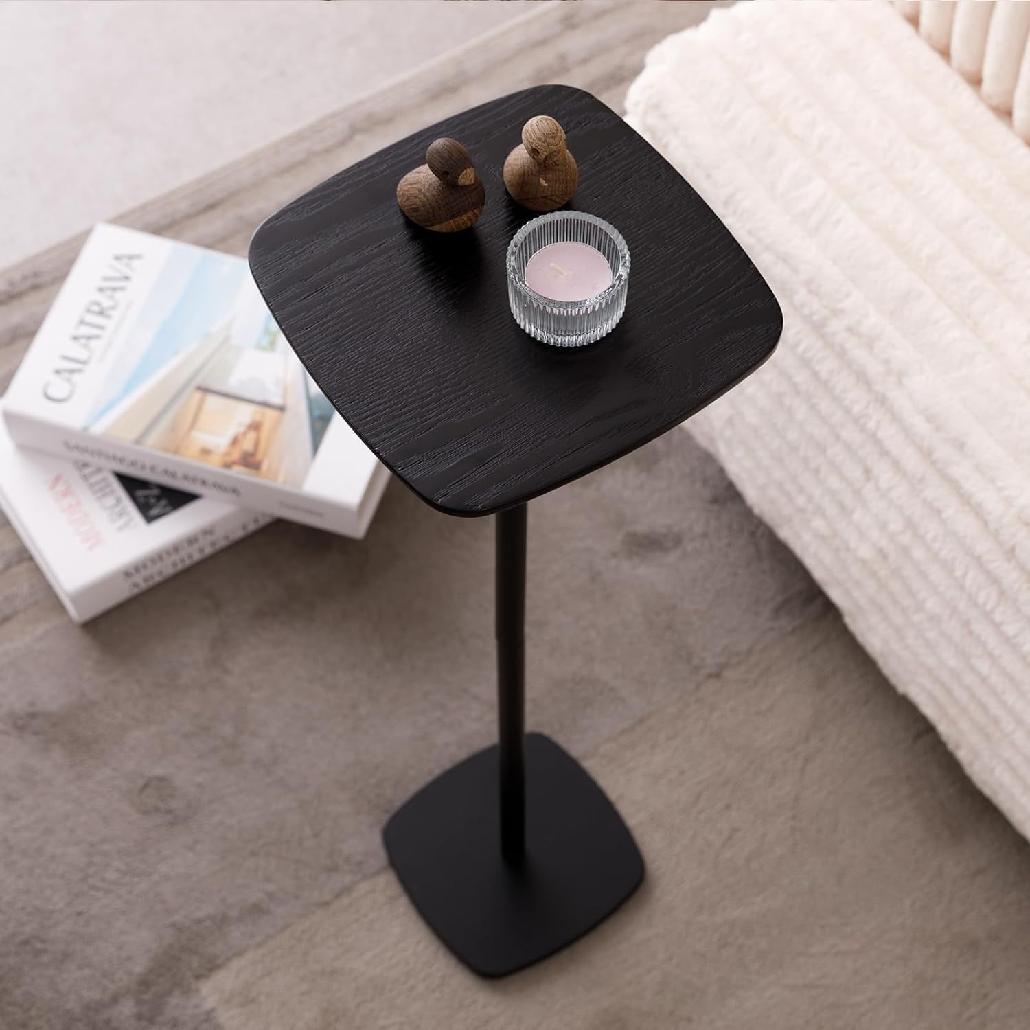 Small Pedestal Side Table Modern Compact Sofa Bedroom Drink Table Black | Compact pedestal for small spaces. Black fits sofas bedrooms. Sturdy holds drinks snacks. Light easy-move indoor side table