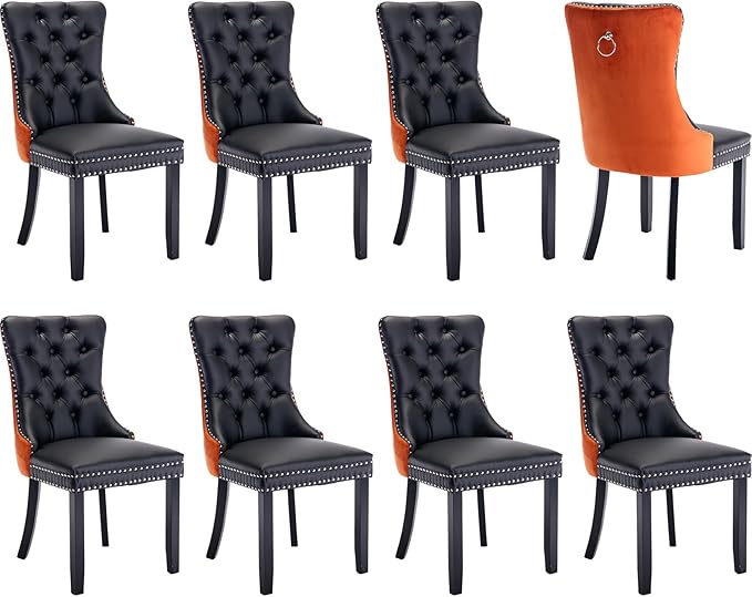 Modern Dining Chairs Set of 8, Tufted Upholstered Dining Chair with Solid Wood Legs, Velvet and Leather Dining Chairs, Sillas de Comedor, Comfy Kitchen Chair (Black+Orange, 8Pcs)