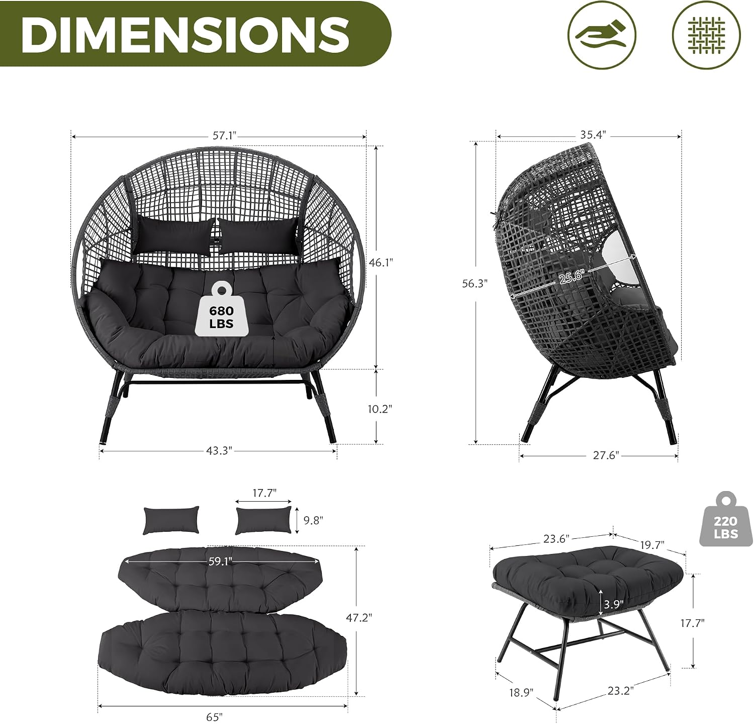RADIATA Double Egg Chair with Ottoman, 2 Person Outdoor Wicker Loveseat | Outdoor foot rest for Patio, 57.1" Extra Wide Indoor Lounge Chairs, 6.5" Grey Cushion, 2 Seater Person Wicker Seating