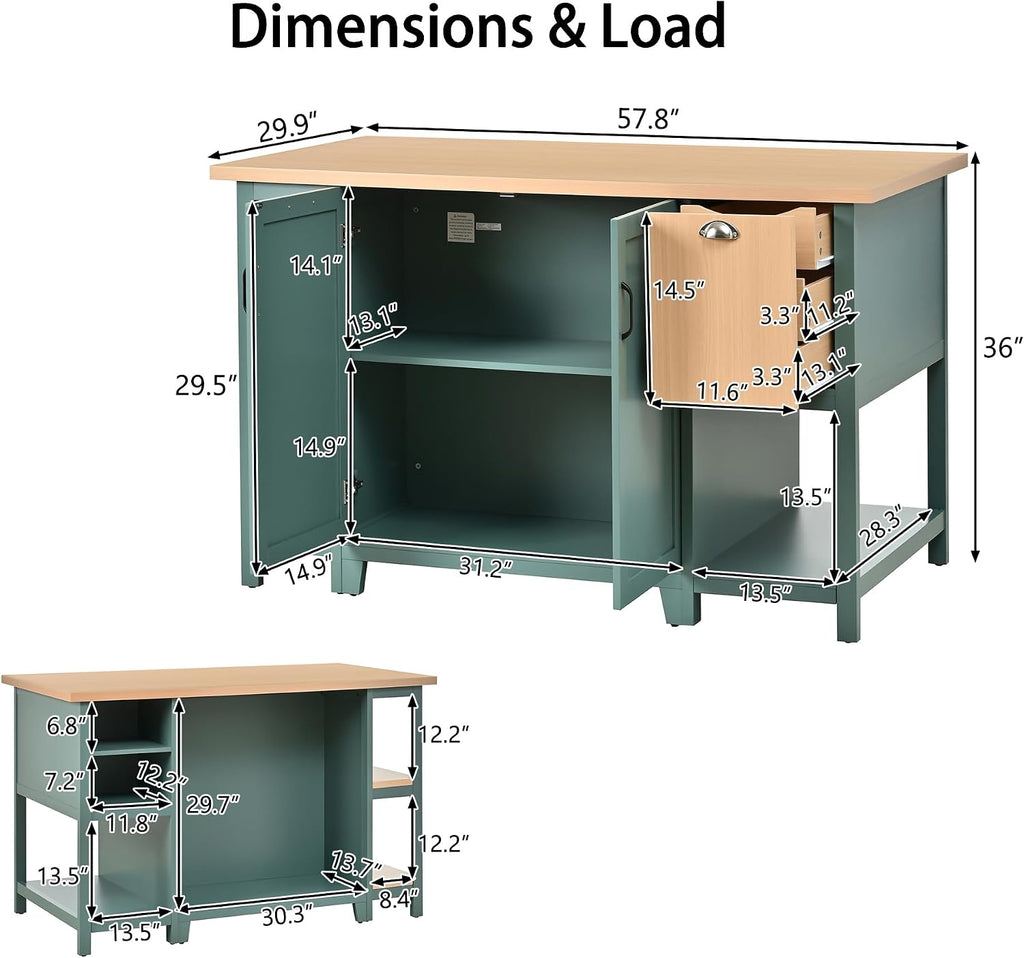 Christopher Knight Home Aaron 58" Kitchen Island with Storage, Modern Island Table for Kitchen, Storage Cabinet with Open Shelves, Wooden Kitchen Prep Table, Coffee Station Cabinet, Green+Natural