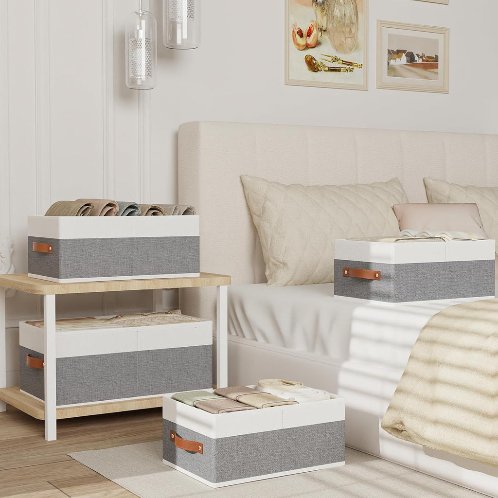 Storage Baskets, 16.1 × 9.8 × 6.5 Inch Drawer Organizers with Handles, Fabric Storage Bins for Organizing Shelves, White and Grey, 2-Pack