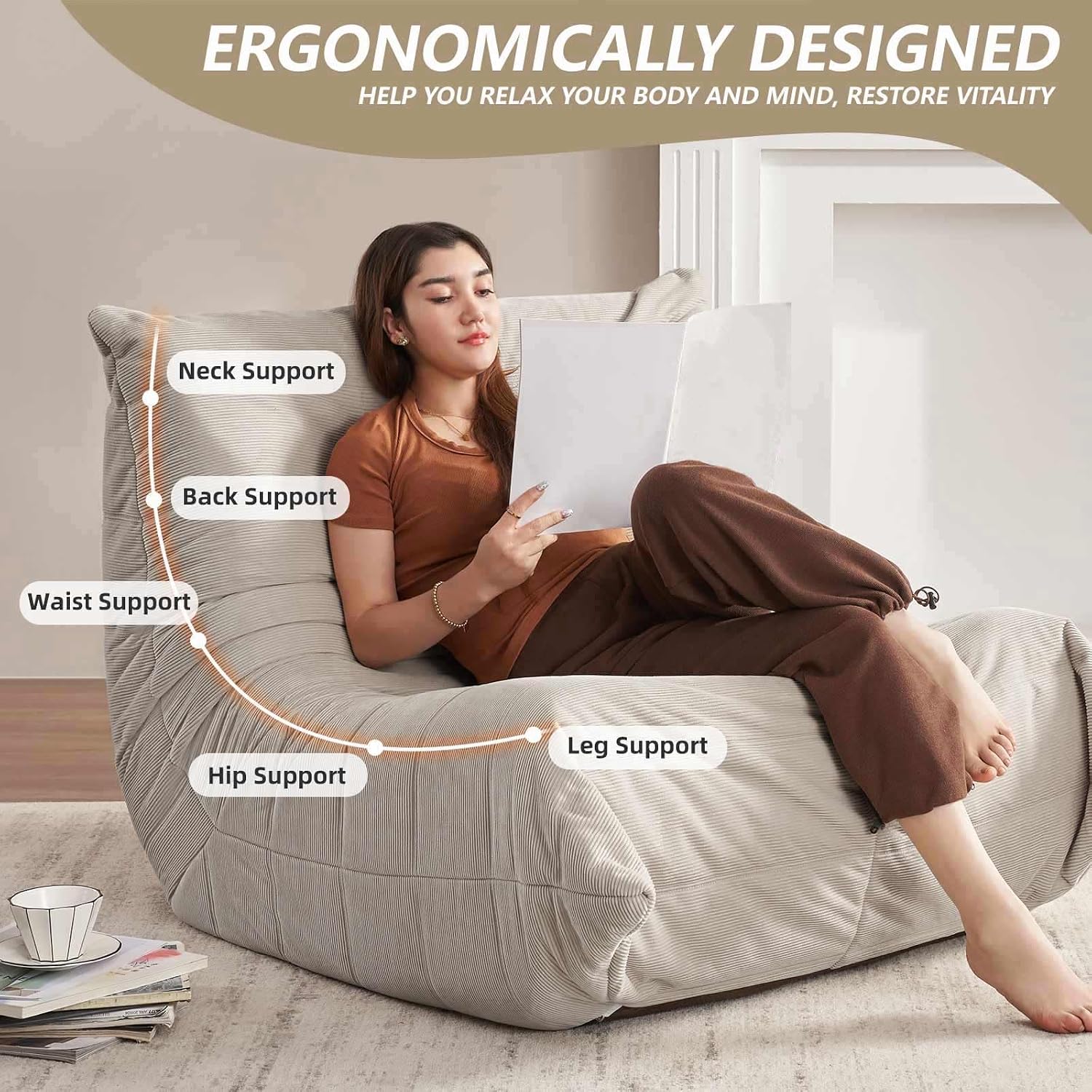 Modern Living Room, Adult Bean Bag Floor Sofa, Super Soft and Comfortable Memory Foam Lazy Sofa, Togo Recliner Furniture, Suitable for Balcony Bedroom Fireside Chair (Apricot)