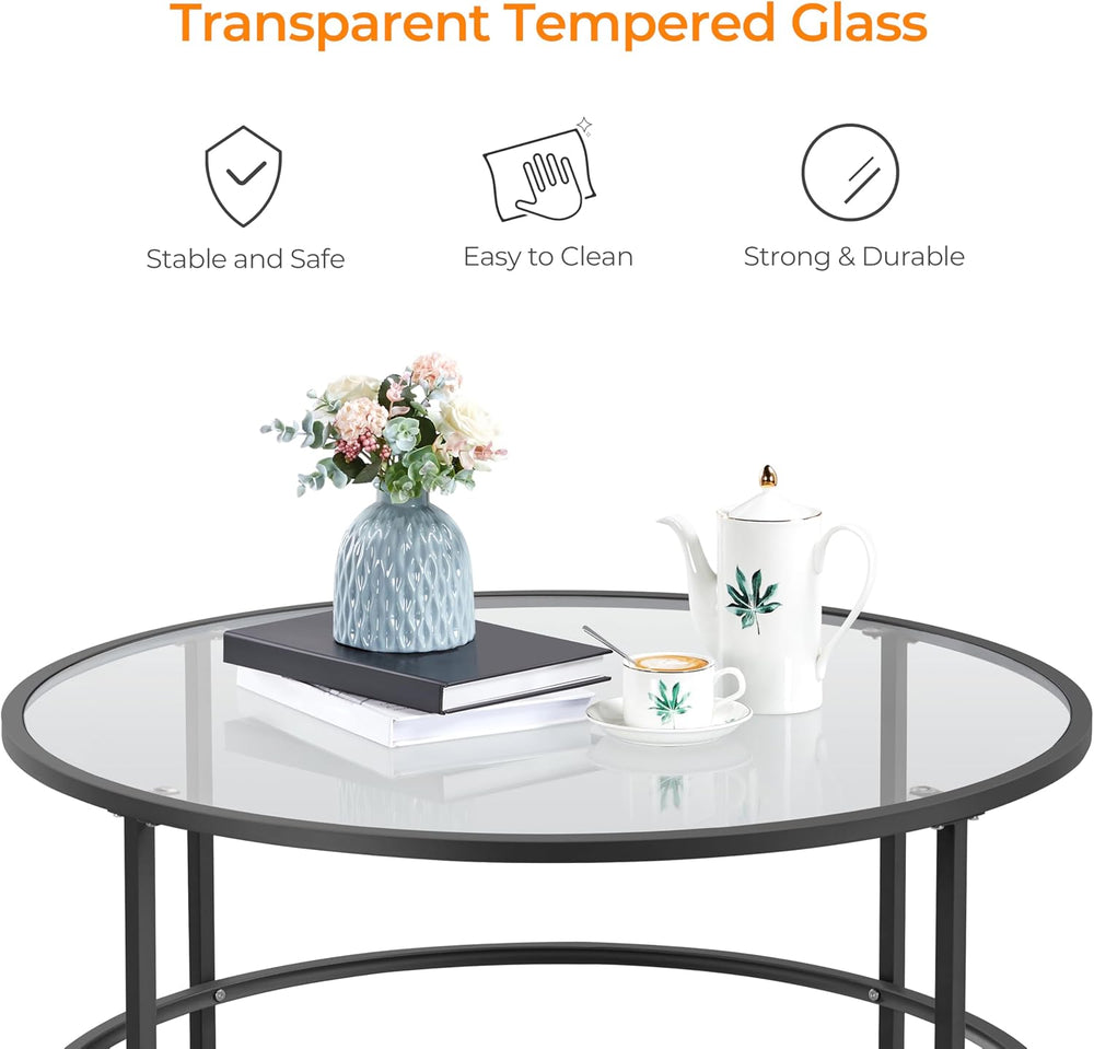 Yaheetech 36" Round Glass Coffee Table for Living Room, Metal Frame, Black