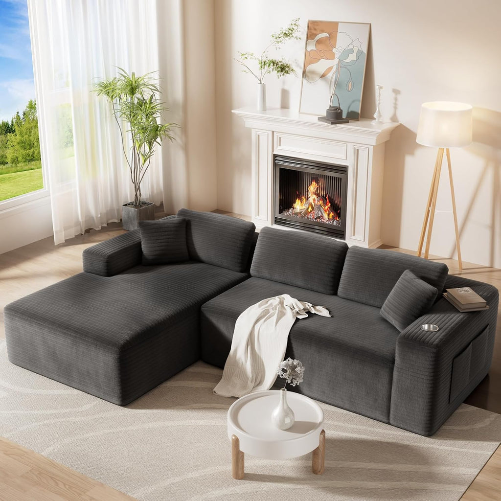 CAMMOO 108" L-Shaped Boneless Sectional Sofa, Cloud Couch in One Box | No Assembly Deep Seat, 4-Seater Sofa for Living Room, Storage Pockets, Plush Corduroy, Left-Facing Chaise, Grey