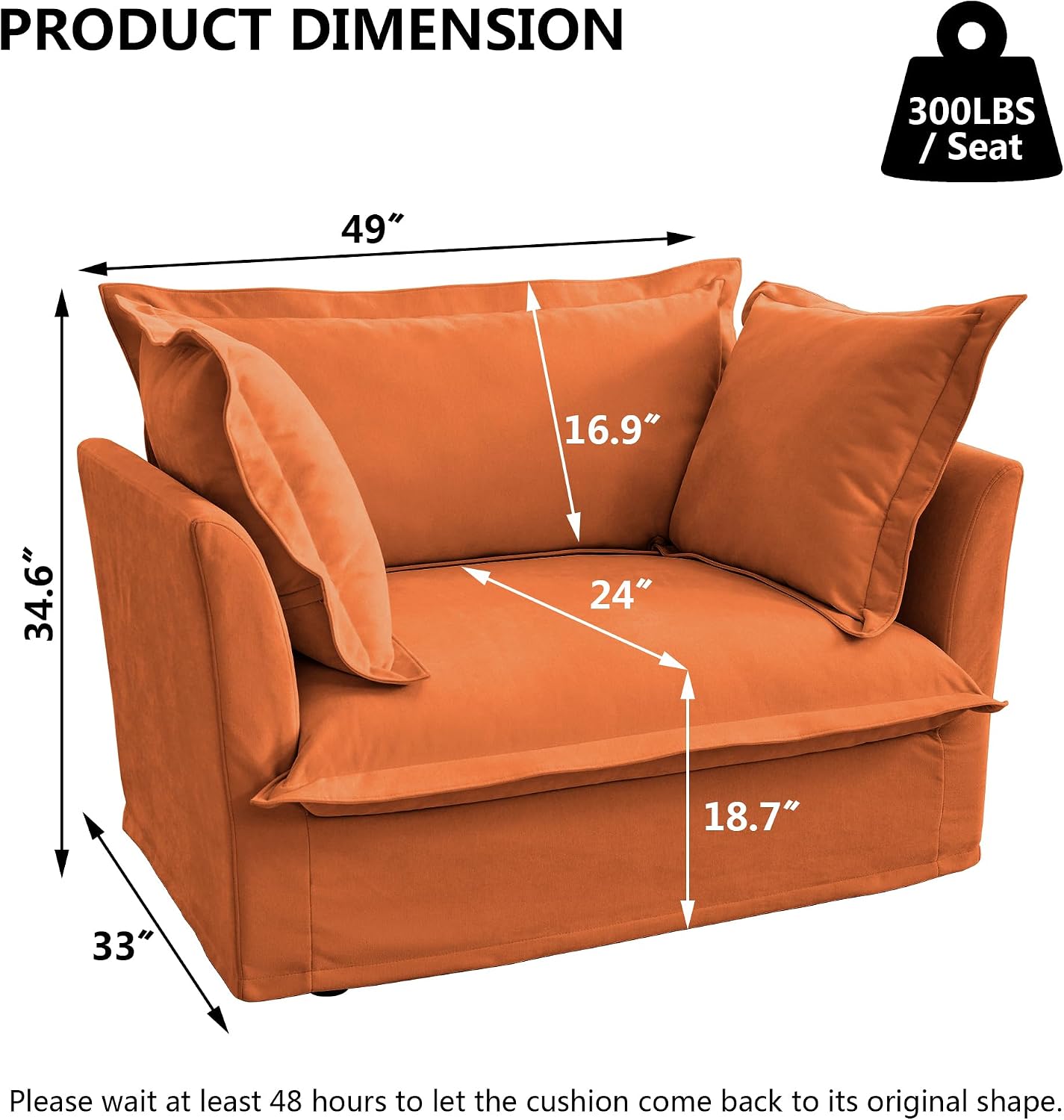 Aoowow Oversized Modular Sectional Sofa Chair Set of 2, 49” Chenille Fabric Single Armchair Comfy Deep Seat Couch Sofa with Big Toss Pillows for Living Room Apartment Office(Orange-Chenille)