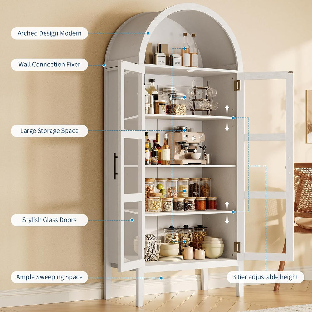 70" Tall Arched Pantry Cabinet with Tempered Glass Doors and LED Lightin...