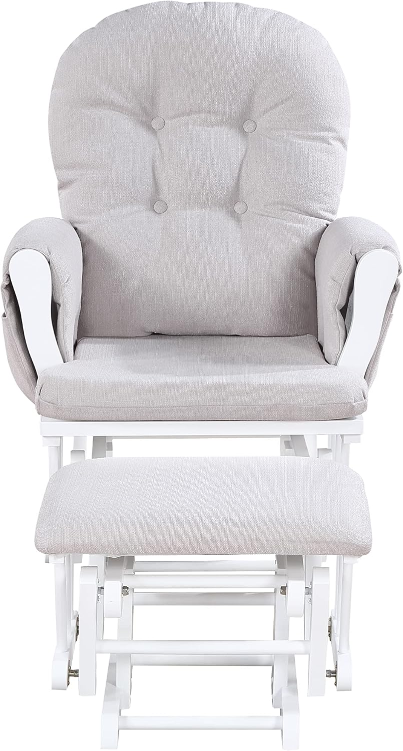 Glider and Ottoman White Wood and Woven Gray Fabric