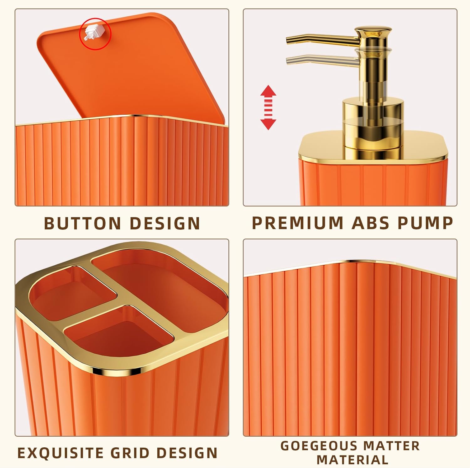Bathroom Accessories Set - Gorgeous Bathroom Set, 10PC Orange Bathroom Accessory Set, Orange Bathroom Sets, Toilet Brush, Trash Can & Soap Dispenser