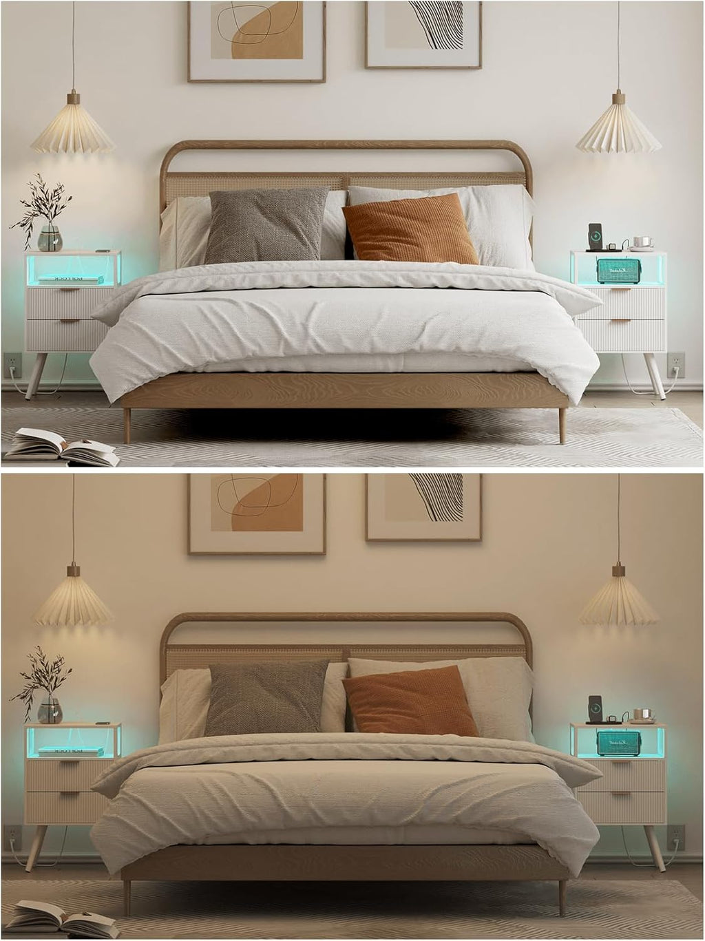 Nightstand with Charging Station and LED Lights, Modern Bedside Table with 2 Storage Drawer and Open Wood Shelf for Bedroom and Small Spaces, Night Stand with Solid Wood Legs