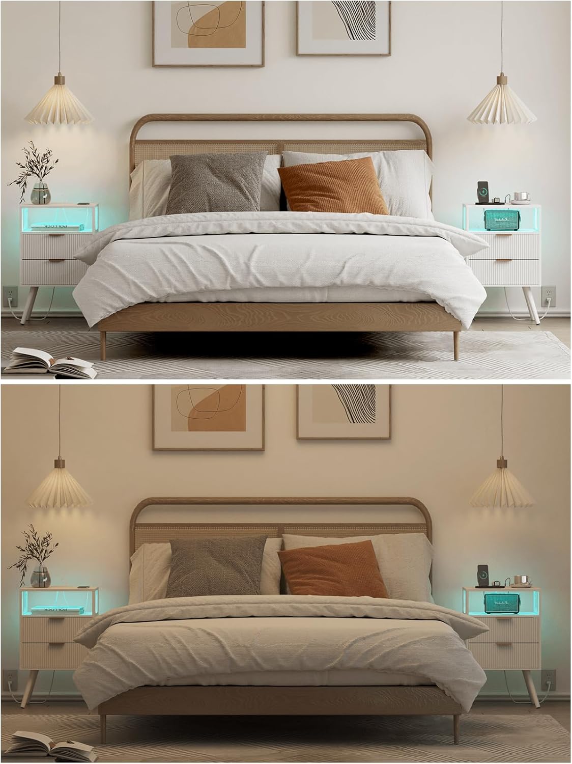 Nightstand with Charging Station and LED Lights, Modern Bedside Table with 2 Storage Drawer and Open Wood Shelf for Bedroom and Small Spaces, Night Stand with Solid Wood Legs