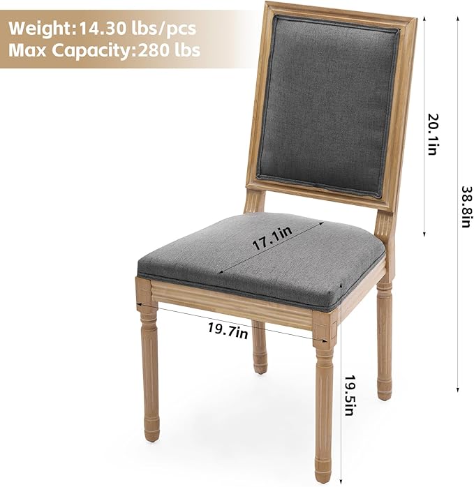 Upholstered Back Dining Chairs Set of 4, French Country Padded Kitchen Chairs, Rustic Solid Wood Farmhouse Chairs for Dining Room & Breakfast Nook, Dark Gray