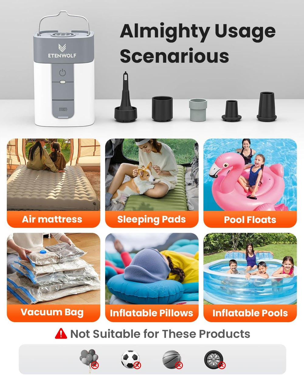 ETENWOLF AIR 5 Air Pump for Inflatables, 5200mAh Portable Electric Air Pump