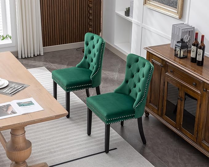 KCC Velvet Dining Chairs Set of 2, Upholstered High-end Tufted Dining Room Chair with Nailhead Back Ring Pull Trim Solid Wood Legs, Nikki Collection Modern Style for Kitchen, Green