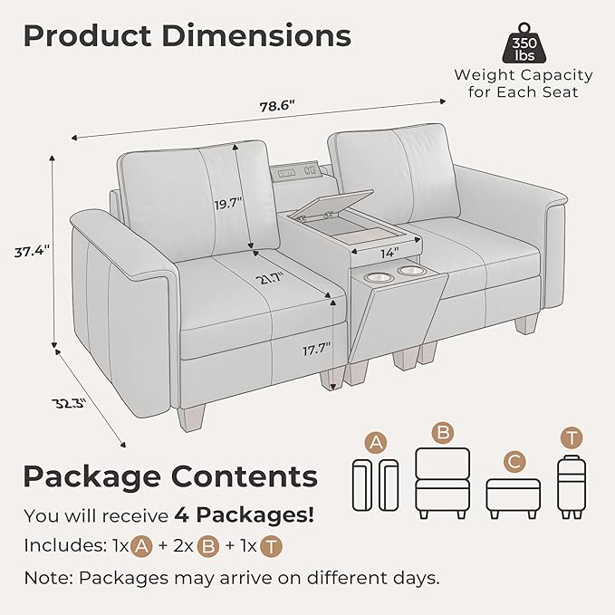 SITJOY 79" Faux Leather Modular Sectional Sofa with Storage, Mid Century Modern Sectional Couches for Living Room, 2 Seat Loveseat Couch and Console Table, Hidden Cupholders, Gray