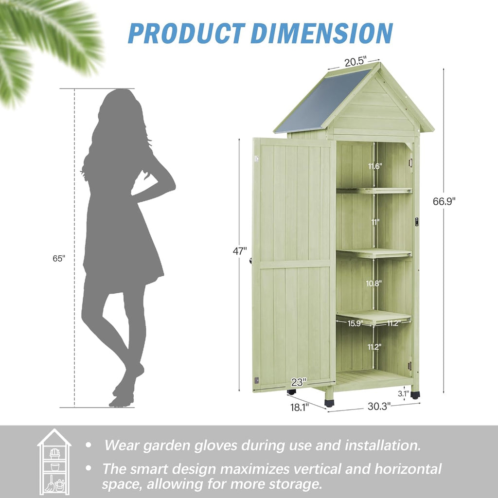 Wooden Outdoor Storage Cabinet,Tall Vertical Garden Tool Shed with Waterproof Metal Roof & Adjustable Feet – Perfect for Yard, Patio, Lawn & Deck (Green, 22" x 26" x 67")