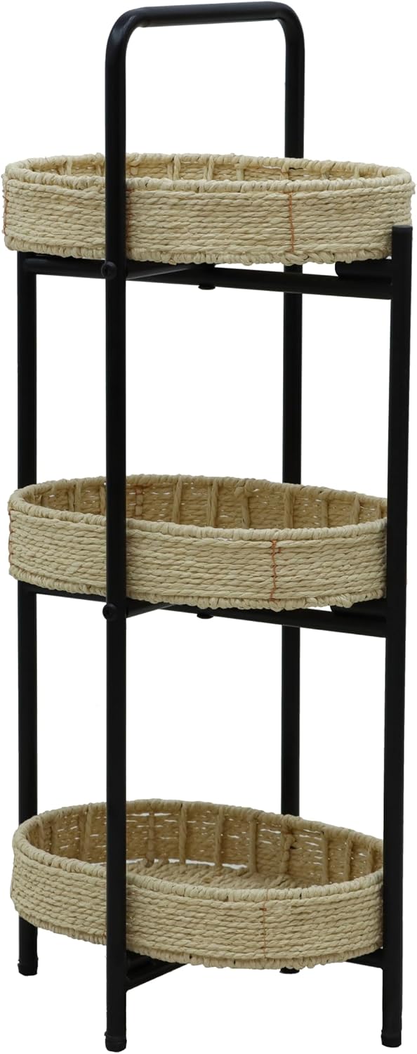 3-Tier Seagrass Woven Side Table, Oval Storage Basket with Trays,Farmhouse Co...