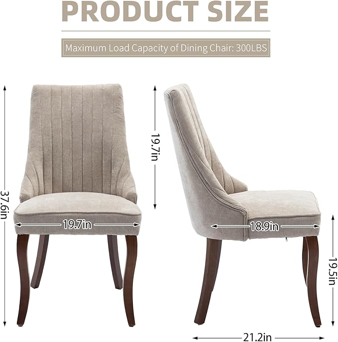 Dining Chairs Set of 6，Linen Channel Tufted Kitchen Dining Room Chair with Curved Solid Wood Legs, Comfortable Fabric Upholstered Dining Chair for Dining Room, (Beige, 6pc)