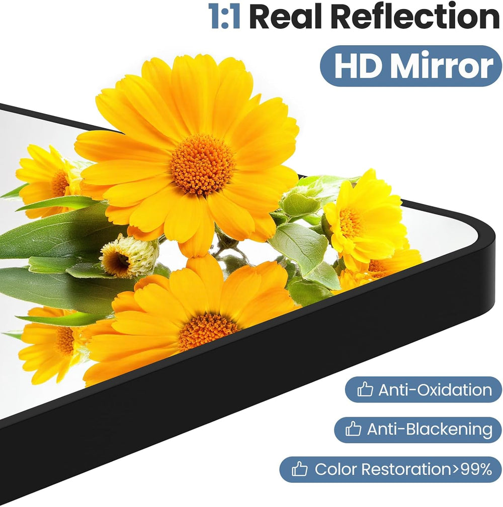 OLIXIS 38x26 Inch Bathroom Wall Mount Mirror with Rounded Rectangle, Black