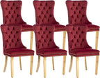 Velvet Dining Chairs Set of 6, Kitchen Chairs Set of 6, Tufted Upholstered Dining Room Chair, Back Ring Pull Trim, Golden Stainless Steel Legs, Wine Red