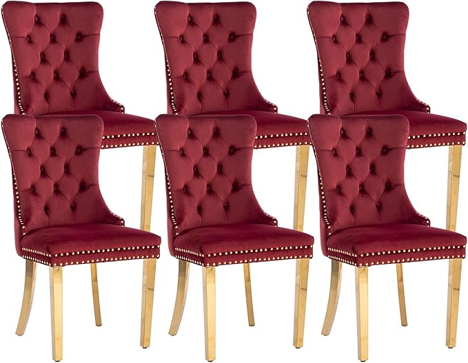 Velvet Dining Chairs Set of 6, Kitchen Chairs Set of 6, Tufted Upholstered Dining Room Chair, Back Ring Pull Trim, Golden Stainless Steel Legs, Wine Red