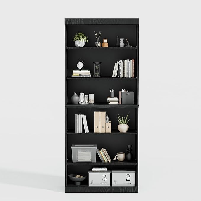 72" Wooden Book Shelf, 5 Shelf Bookcase, Modern Bookshelf with Adjustable Shelf for Home Office, Study Room, Black