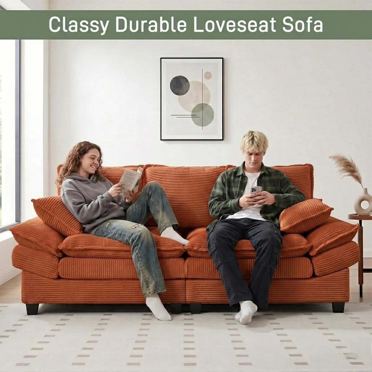83" Cloud Loveseat Sofa, Comfy Corduroy Couch Deep Seat Double Cushion, 800 LBS 2-3 Seater Love Seat for Living Room Bedroom Apartment Office Small Space, Reddish-Brown