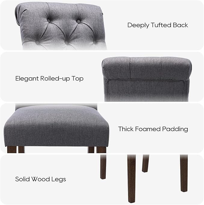 Tufted Dining Chairs Set of 2, Upholstered Parsons Dining Room Chairs, Fabric Kitchen Side Chair with Wood Legs, Dark Grey