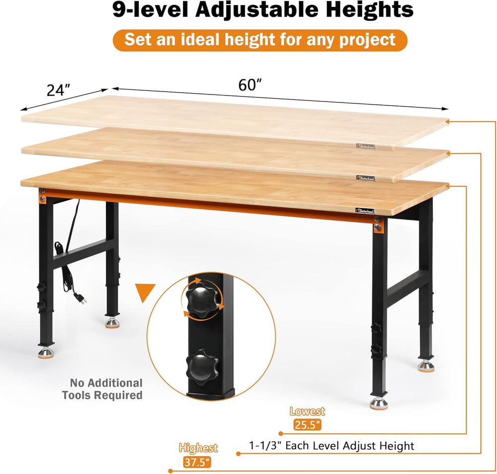 Betterhood Adjustable Height Workbench, 60" Rubber Wood Top Heavy Duty W...