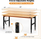 Betterhood Adjustable Height Workbench, 60" Rubber Wood Top Heavy Duty Workstation with Power Outlets, 2000 LBS Load Capacity Hardwood Worktable for Workshop, Garage, Office, Home, Commercial