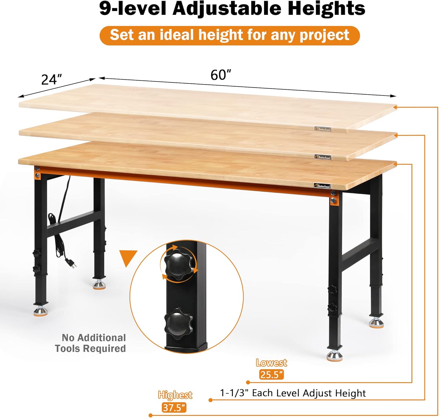 Betterhood Adjustable Height Workbench, 60" Rubber Wood Top Heavy Duty Workstation with Power Outlets, 2000 LBS Load Capacity Hardwood Worktable for Workshop, Garage, Office, Home, Commercial
