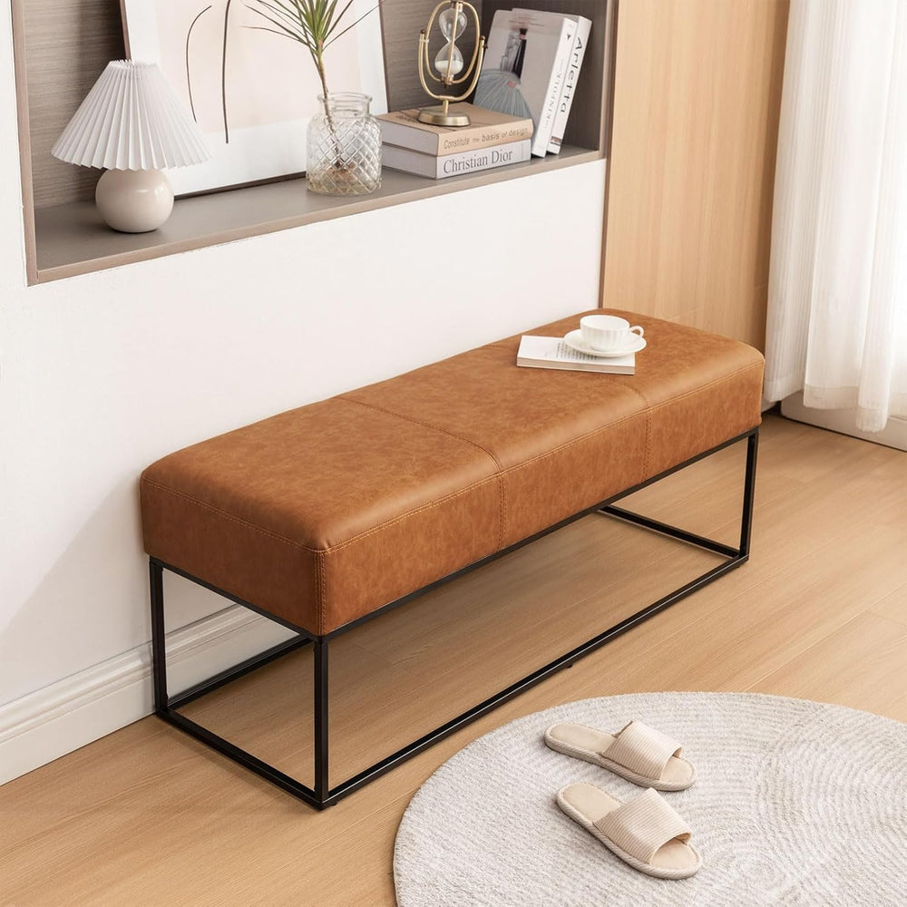 Leather Entryway Bench, Modern Long Faux Leather Ottoman Bench Seat with Meta...