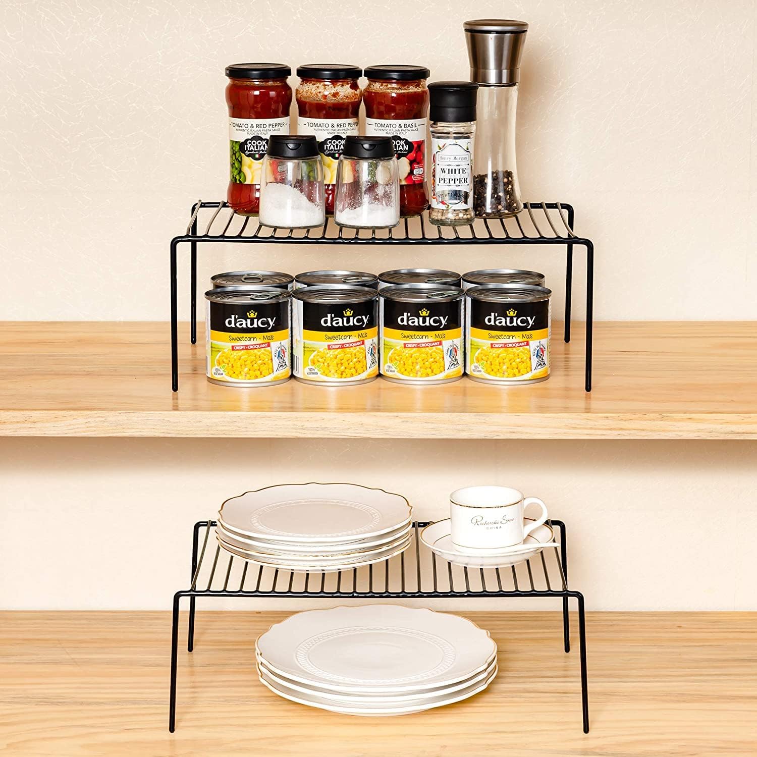 Kitchen Cabinet Shelf Organizer Set of 5, Large (15.7 x 9.4 inch) Metal Wire Pantry Storage Shelves, Dish Plate Racks for Cabinets, Freezer, Counter, Cupboard Organizers and Storage, Black