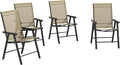 Outsunny Set of 4 Patio Folding Chairs, Stackable Outdoor Sling Patio Dining Chairs with Armrests for Lawn, Camping, Dining, Beach, Metal Frame, No Assembly, Light Mixed Brown
