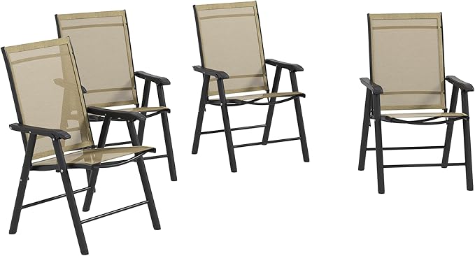 Outsunny Set of 4 Patio Folding Chairs, Stackable Outdoor Sling Patio Dining Chairs with Armrests for Lawn, Camping, Dining, Beach, Metal Frame, No Assembly, Light Mixed Brown