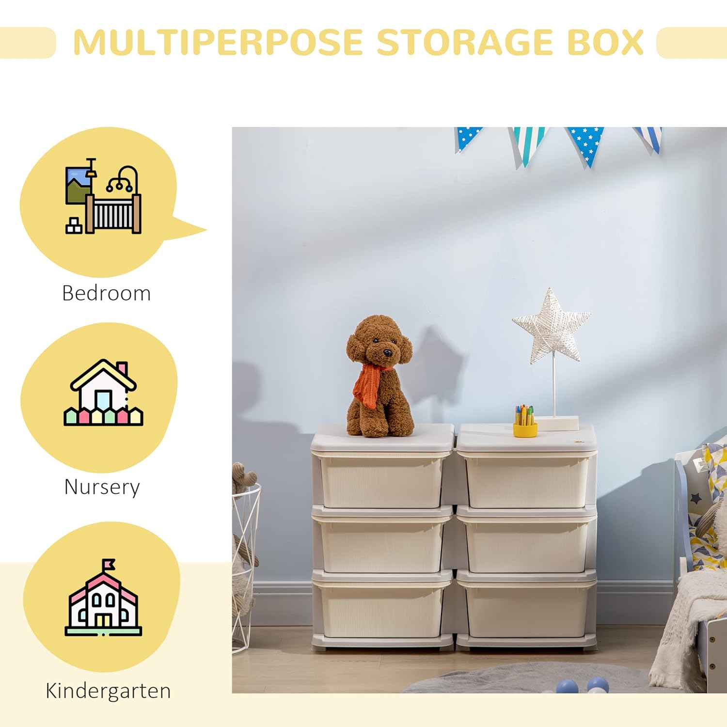 Qaba 3 Tier Kids Storage Unit, 6 Drawer Chest Toy Organizer Plastic Bins for Kids Bedroom Nursery Kindergarten Living Room for Boys Girls Toddlers, Cream White