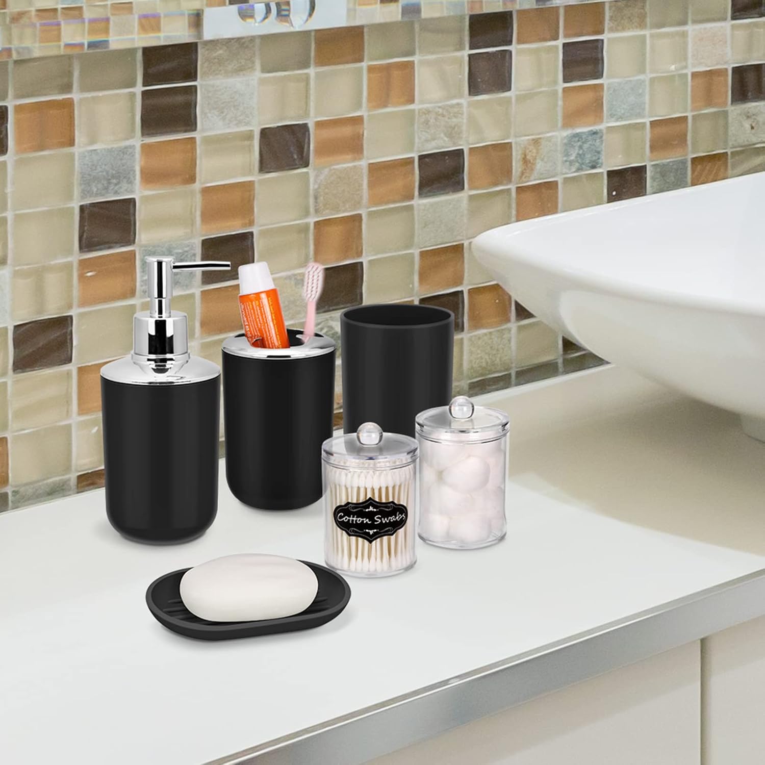 IMAVO Bathroom Accessories Set,Black Bathroom Set,9 Pieces Bathroom Accessory Set,Tray,Qtip Holders,Toilet Brush,Trash Can for Bathroom Décor and Home Gifts