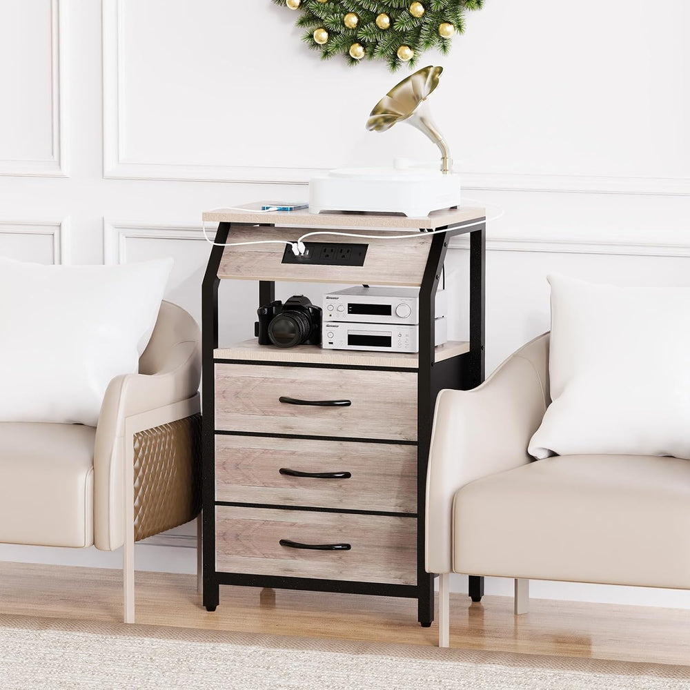SZLHANJZ End Table with 3 Drawers, Night Stand with Charger Station and LED L...
