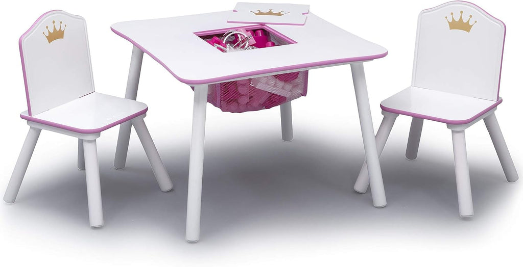 Delta Children Princess Crown Kids Wood Table and Chair Set with Storage - Greenguard Gold Certified, White/Pink