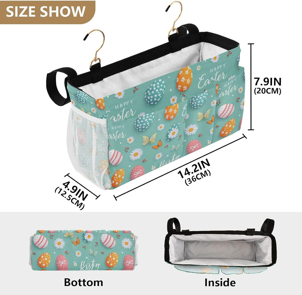 Egg Butterfly Easter Flower Bedside Caddy for Dorm Bed Bedside Hanging Caddy Bag Iron Frame Storage Organizer Pocket for Bunk Home College Hospital Beds 2 Hooks
