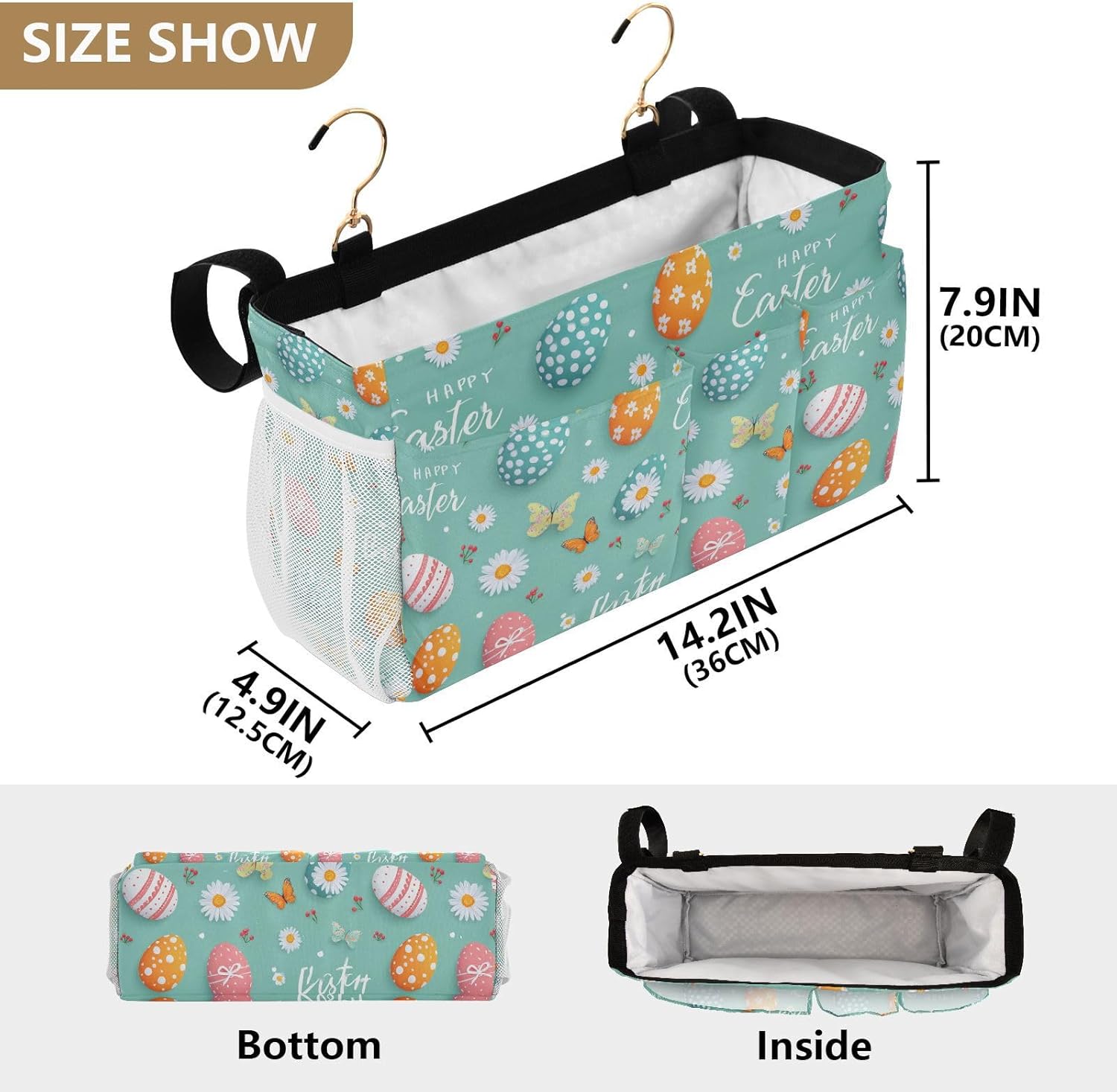 Egg Butterfly Easter Flower Bedside Caddy for Dorm Bed Bedside Hanging Caddy Bag Iron Frame Storage Organizer Pocket for Bunk Home College Hospital Beds 2 Hooks