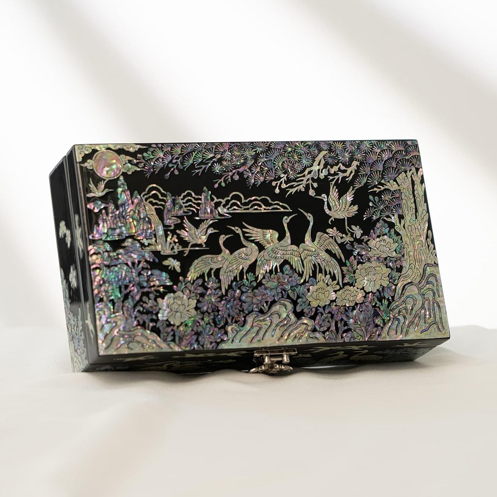 Mother of Pearl Jewelry Organizer box - Handmade Large Wooden Box Romantic Anniversary Birthday Gifts for women (Crane)