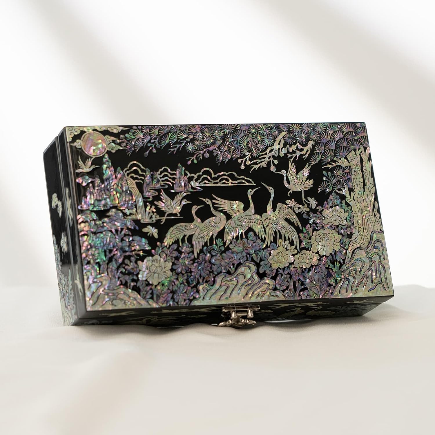 Mother of Pearl Jewelry Organizer box - Handmade Large Wooden Box Romantic Anniversary Birthday Gifts for women (Crane)