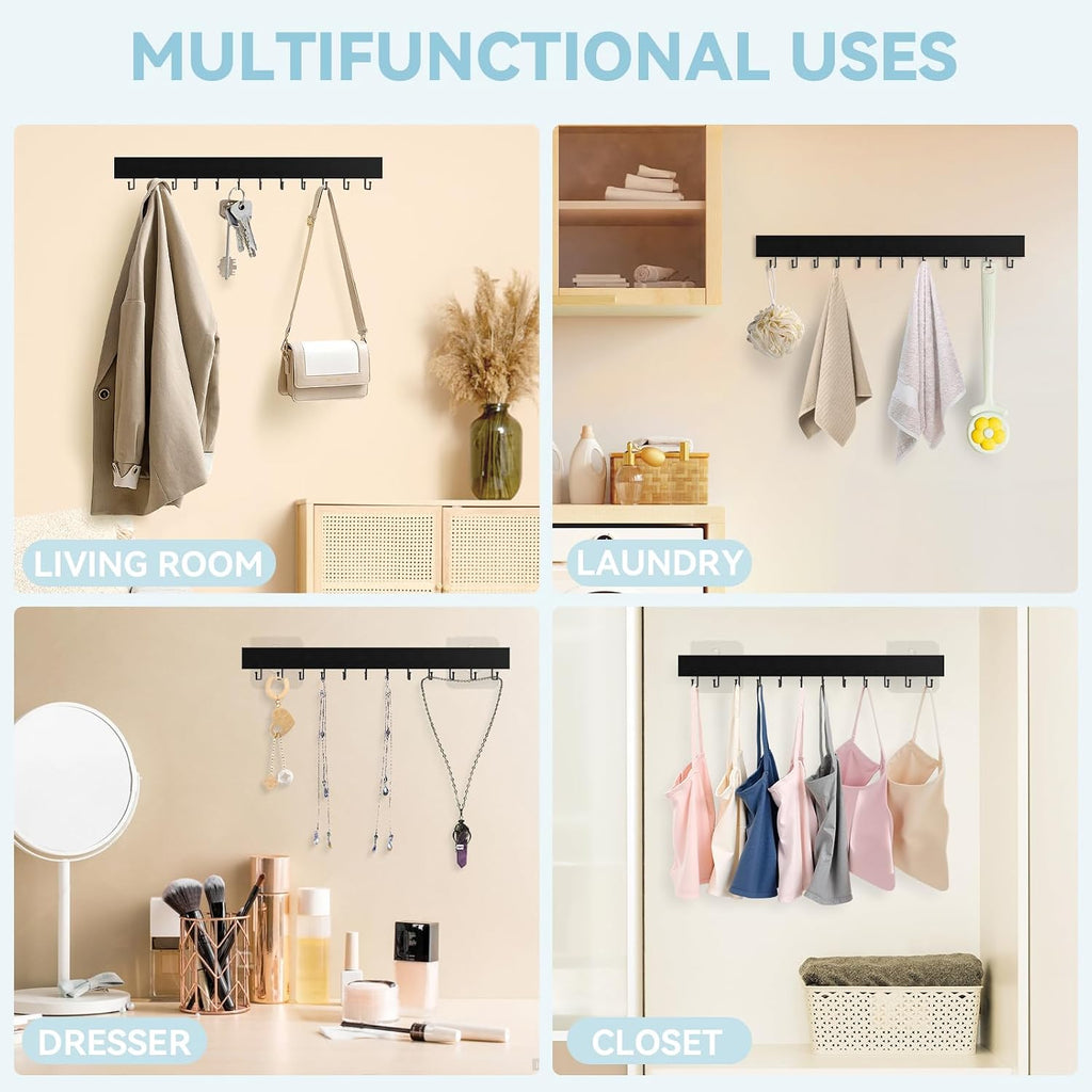 Tie Rack Wall Mount, Adhesive Wooden Closet Tie Hanger with 24 Metal Hooks, Large Capacity, 2 Installation Options, Black, 2 Pcs
