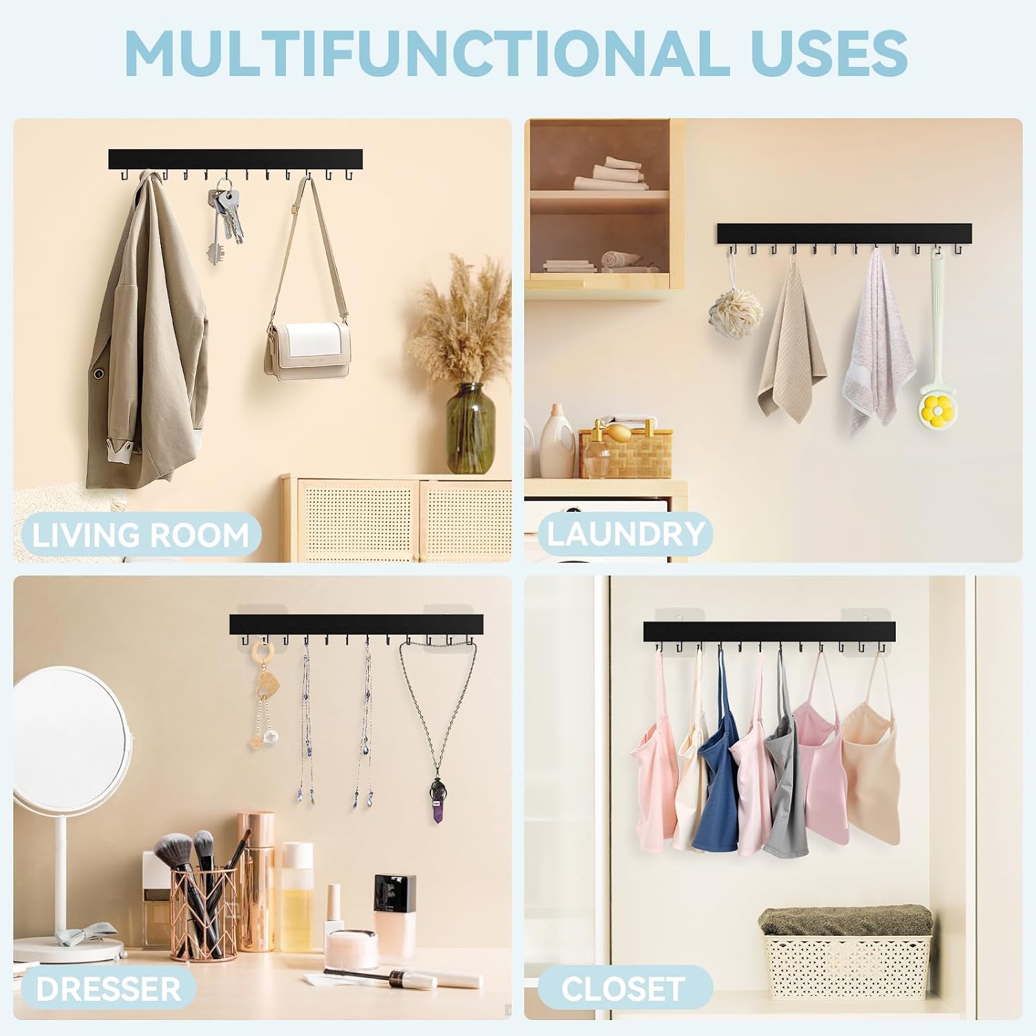 Tie Rack Wall Mount, Adhesive Wooden Closet Tie Hanger with 24 Metal Hooks, Large Capacity, 2 Installation Options, Black, 2 Pcs