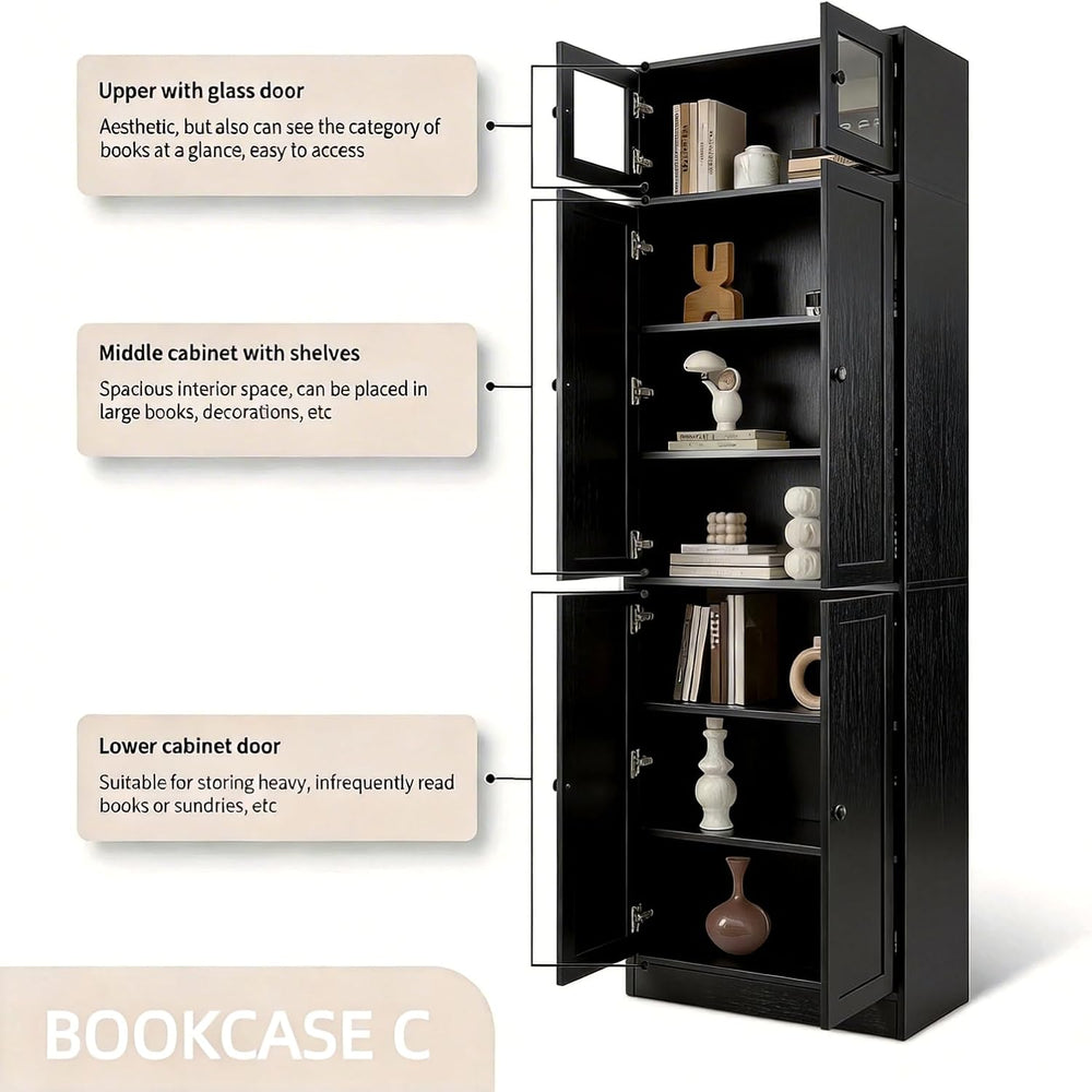 TUSY 85.5" Modern Tall Bookcase with Glass Doors, 7-Tier Wood Bookshelf ...