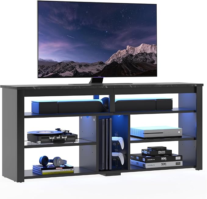 Bestier LED Tall Entertainment Center for 55/60/65 inch TV, TV Stand with Storage for PS4 Xbox, Adjustable Shelf Media Console for Living Room, Black Marble