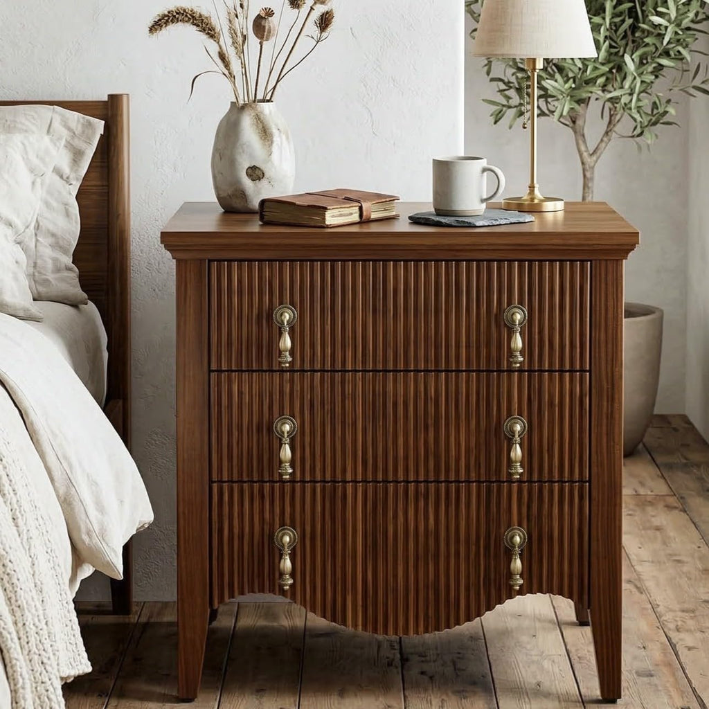 FUSUNBAO Set of 2 Nightstands with Charging Station&3 Fluted Drawers,Walnut | Vintage Bedside Table, 3 Fluted Drawers and Open Shelf, Rustic End Table, Power Outlet and USB Ports, For Bedroom