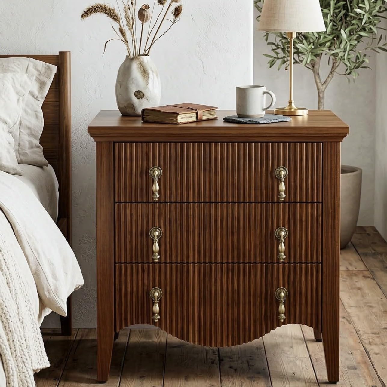 FUSUNBAO Set of 2 Nightstands with Charging Station&3 Fluted Drawers,Walnut | Vintage Bedside Table, 3 Fluted Drawers and Open Shelf, Rustic End Table, Power Outlet and USB Ports, For Bedroom