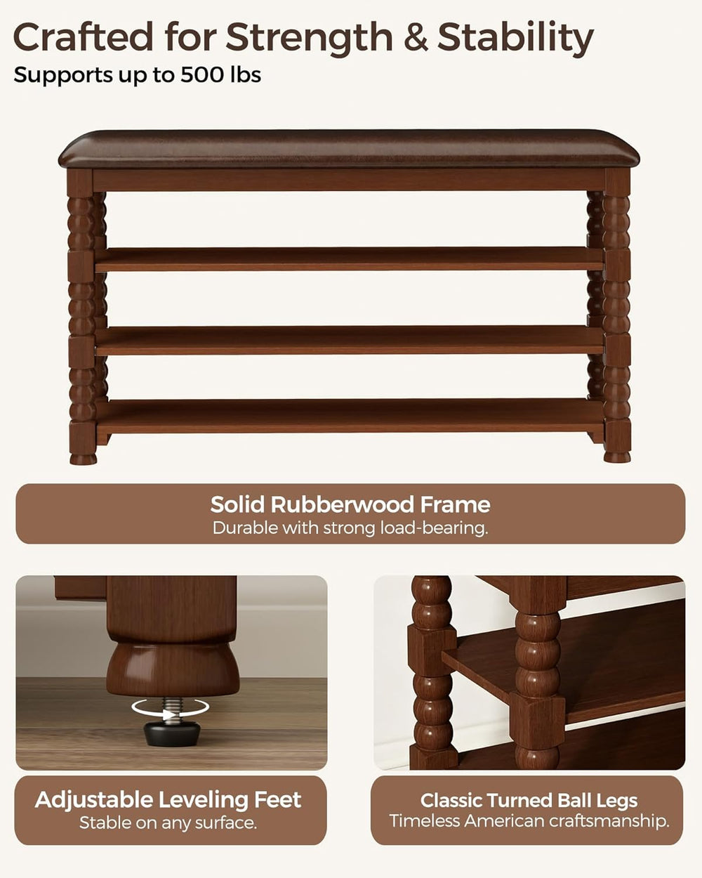 Homleke Solid Wood Shoe Storage Bench with Cushion,Classic Turned Ball Legs |...